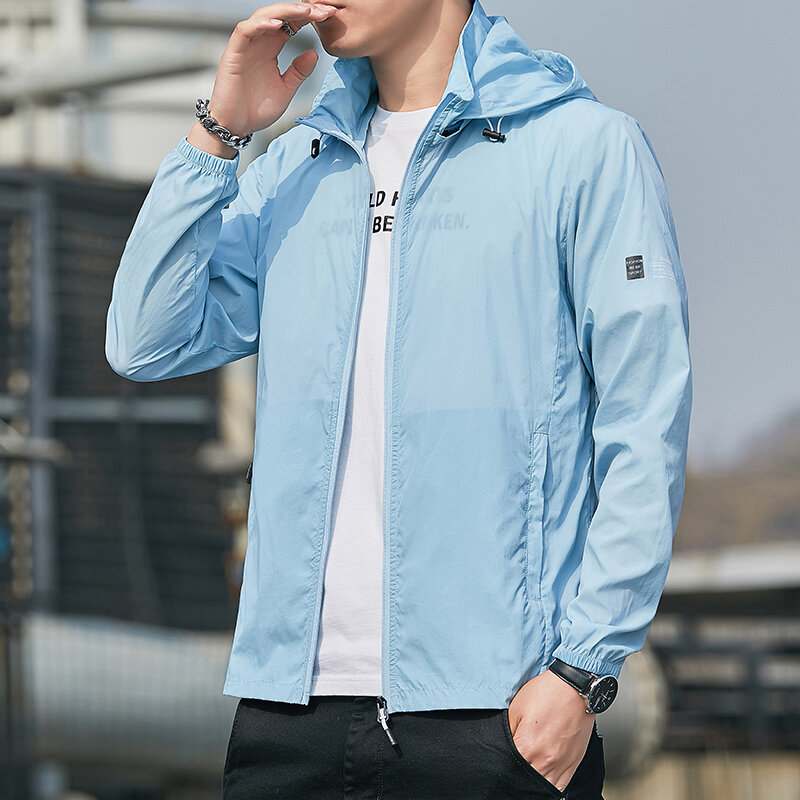 2024 Summer New Simple and Trendy Men's Solid Color Pocket Zipper Loose Long Sleeve Sunscreen Breathable Ultra Thin Hooded Coat