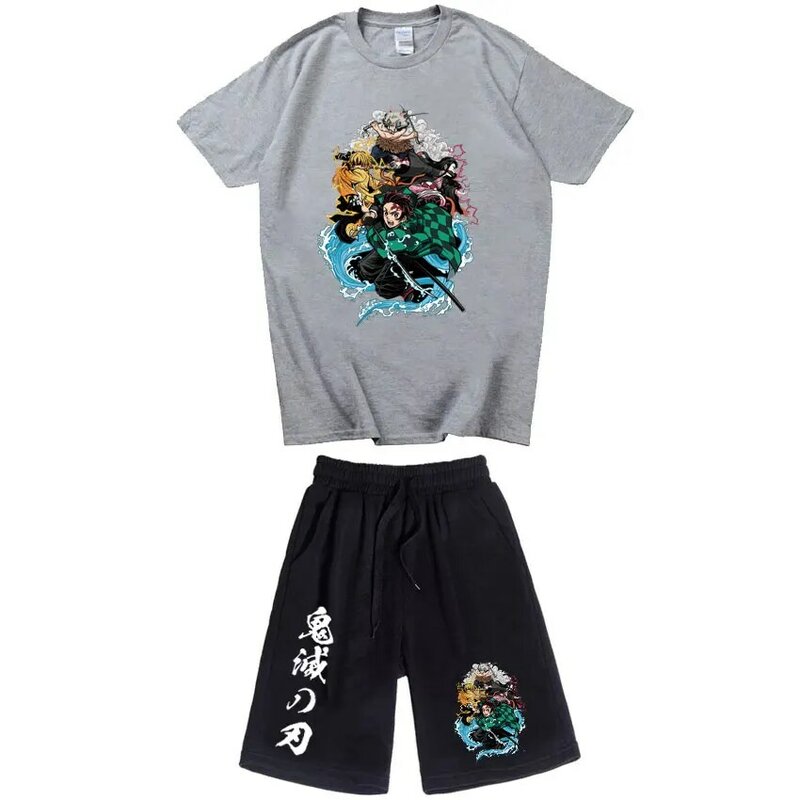 2023แฟชั่น Casual Anime Demon Slayer T ชุดเสื้อฤดูร้อนพิมพ์กางเกงขาสั้นผู้ชาย T เสื้อ Sweatpants ชุด Camisetas กางเกงขาสั้น