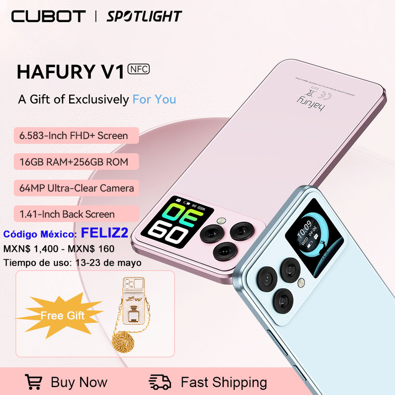 Cubot Hafury V1, smartphone Android, Octa-core, 16 GB de RAM (8 GB + 8 GB estendidos), 256 GB de ROM, tela dupla, câmera de 64 MP, NFC, versão global, Duplo SIM Duplo 4G celular, celulares em promoção, WIFI, OTG
