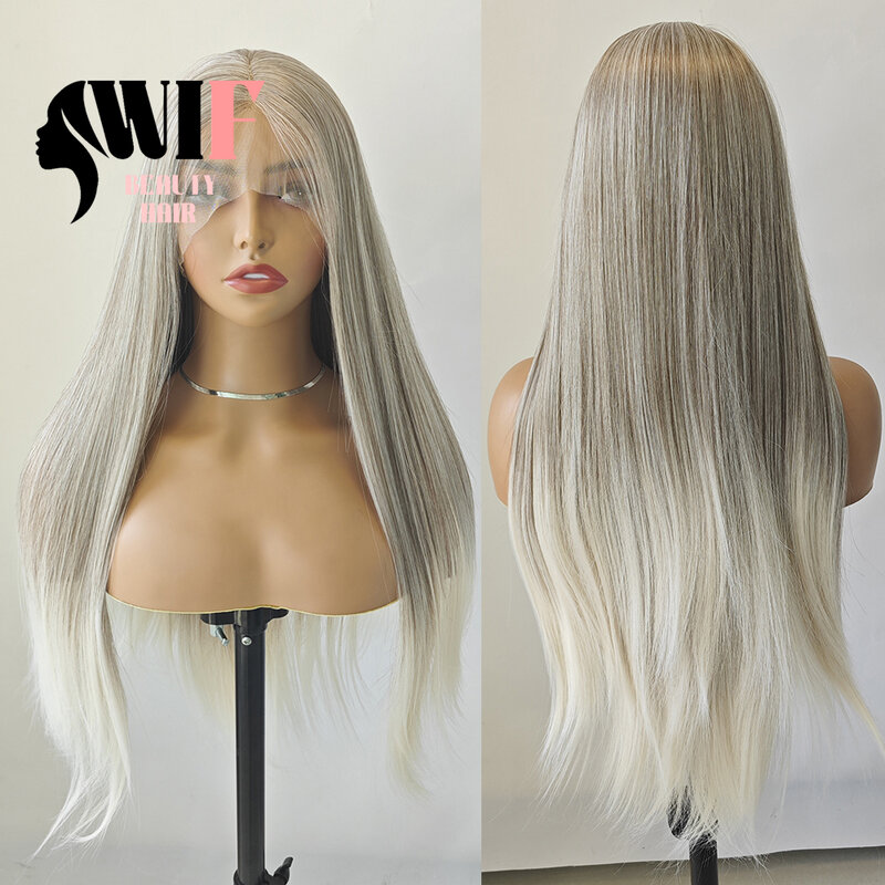 Wig sintetis pirang sorot Platinum Wig sintetis alami garis rambut alami Wig depan renda rambut Ombre serat panas rambut sutra penggunaan Cosplay harian