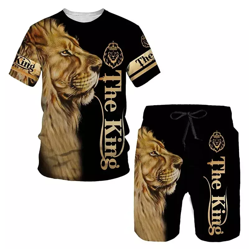 Setelan kaus dan celana pria, pakaian olahraga dua potong kasual gambar singa 3D ukuran besar musim panas