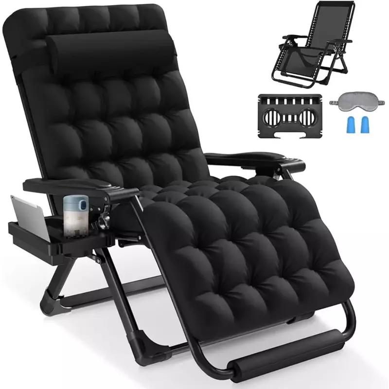 Шезлонг-стул с подставкой, принадлежности для кемпинга, для внутреннего дворика и отдыха на открытом воздухе, с подушкой, Пляжное Кресло 33 дюйма, черное кресло с откидывающейся спинкой без гравитации