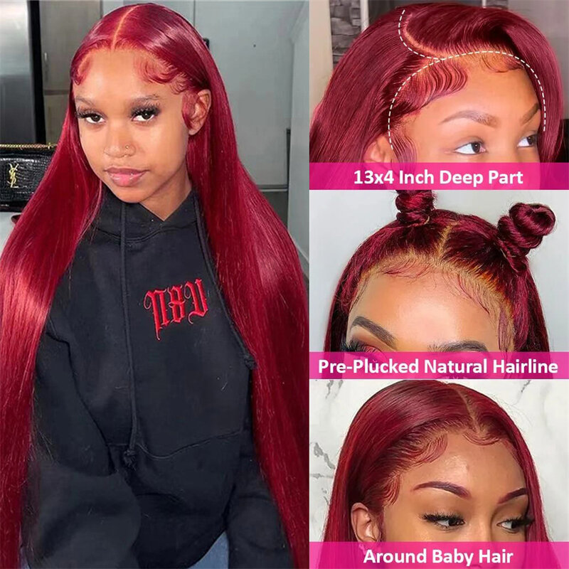 Peluca de cabello humano liso con encaje Frontal para mujer, Color rojo, Borgoña, 13x6, HD, 4x4, prearrancado, 99J