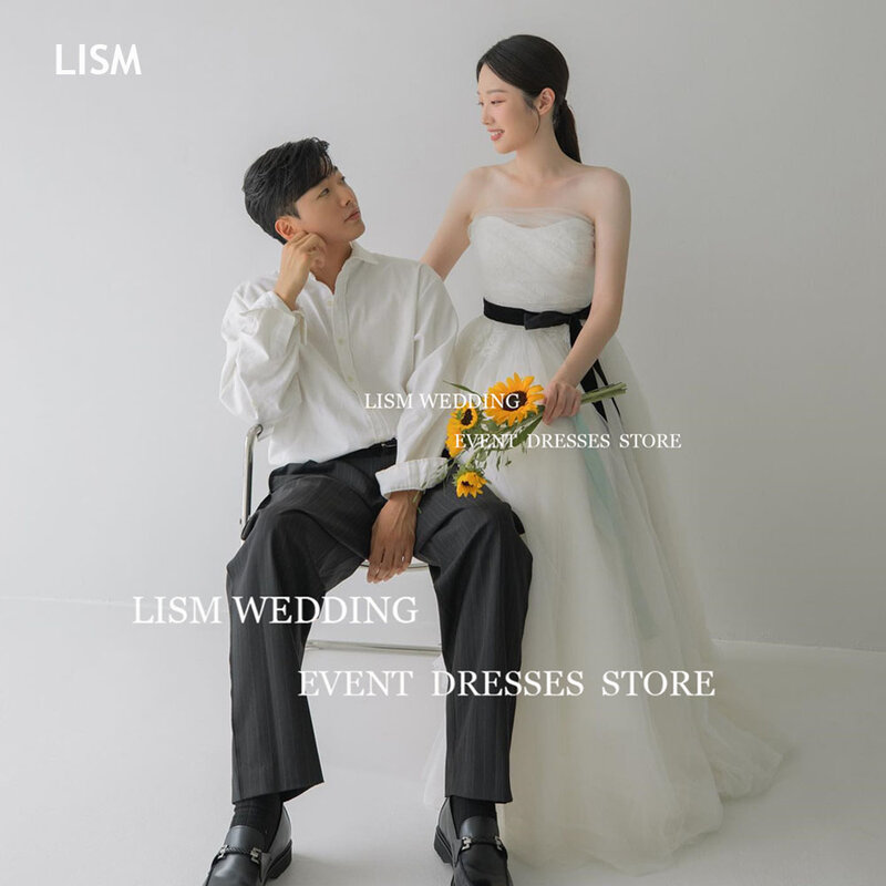 Lism sweetheart A line ชุดเดรสงานแต่งงานเกาหลี2024ภาพถ่ายชุดเดรสเจ้าสาวทางการเข็มขัดหนังสีดำแขนกุดชุดเดรสปาร์ตี้เจ้าสาว
