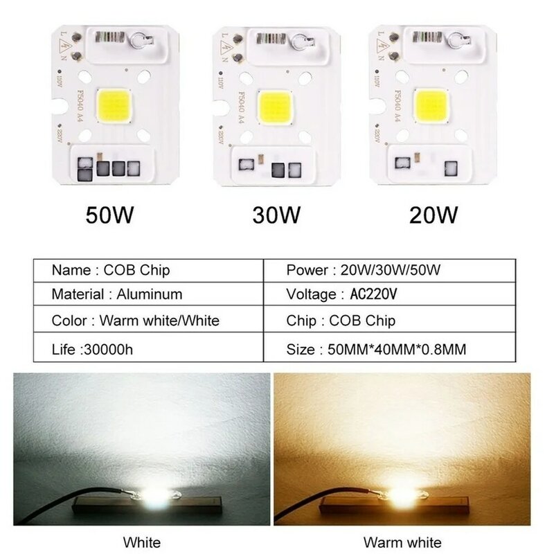 1/PCS ชิป COB 10W 20W 30W 50W 220V สมาร์ท IC LED ไม่จำเป็นต้องไดร์เวอร์3W 5W 7W 9W หลอดไฟ LED สำหรับไฟน้ำท่วม Spotlight Diy แสง