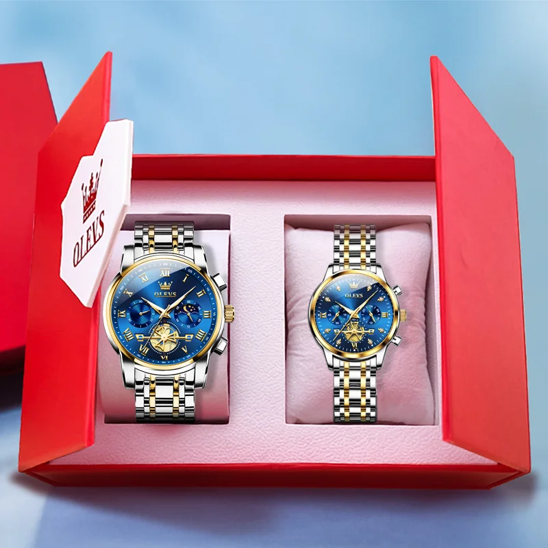 Olevs 2859-2897 Luxe Paar Horloges Waterdicht Lichtgevend Roestvrij Staal Quartz Horloge Zijn En Haar Maanfase Modeliefhebbers Set