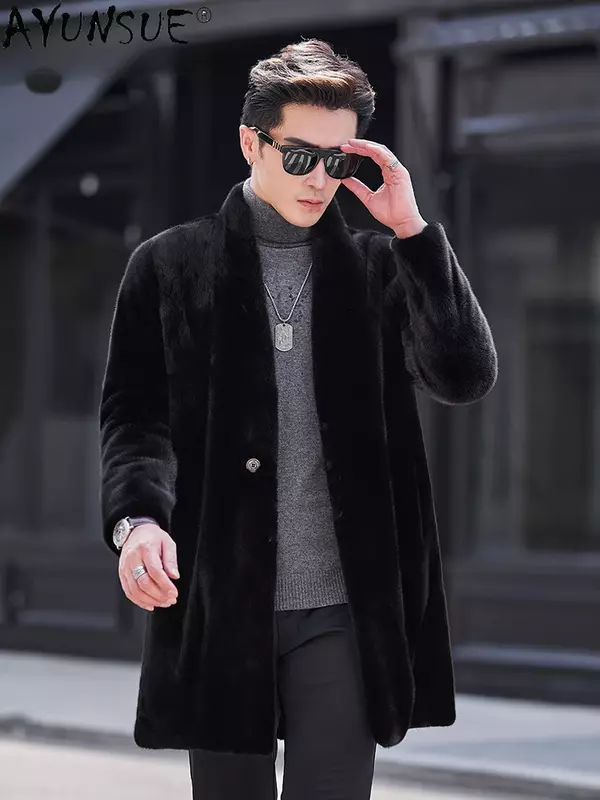 AYUNSUE, шуба из натурального меха норки, куртки для мужчин, зима 2023, пальто средней длины из натурального меха норки, модная меховая куртка с V-образным вырезом, манто Homme