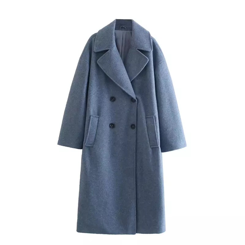 Женское однотонное длинное шерстяное пальто, двубортное свободное теплое пальто из шерсти с длинным рукавом и V-образным вырезом