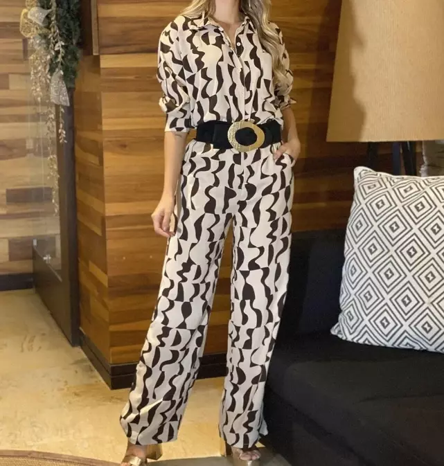 Fashion 2024 Casual Womens Two Piece Sets Outfit Elegant Printed Collar Long Sleeved Shirt High Waisted Straight Leg Pants Set