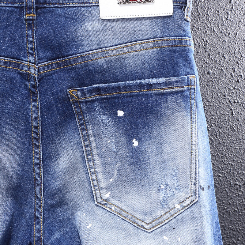 Jeans Pria Fashion Jalanan Jeans Sobek Pas Badan Elastis Retro Biru Ketat Celana Pensil Denim Hip Hop Desainer Lukisan Pria Hombre
