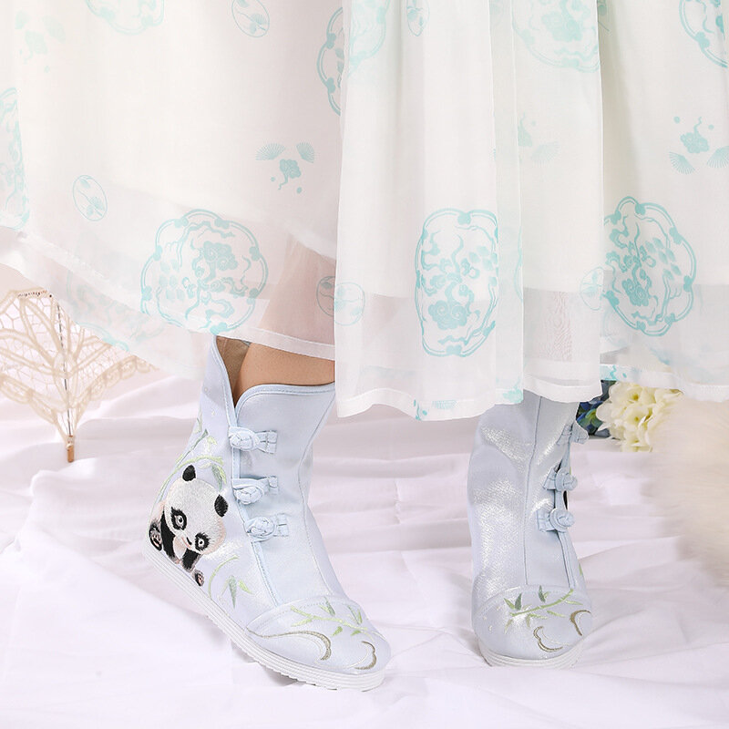 中国風の伝統的なレトロ韓服ブーツ女性パンダ刺繍ショートブーツ古代唐宋コスプレ靴Size34-41