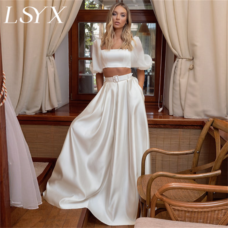 Vestido de casamento em linha A LSYX para mulheres, duas peças, mangas puff, vestido de noiva cetim, trem com zíper, personalizado, moderno