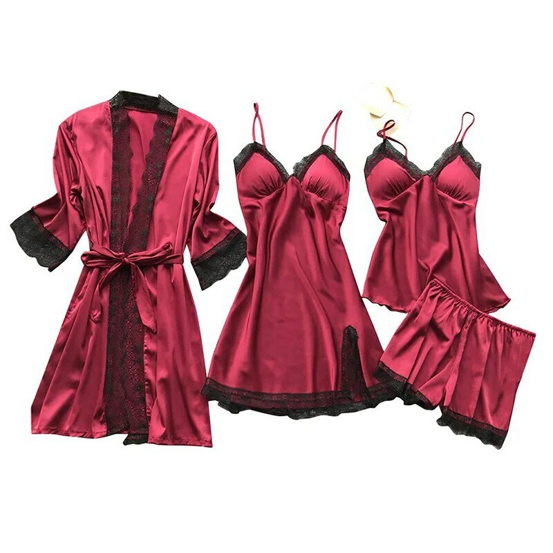 Conjunto de pijamas de seda feminino, camisola em renda, roupinha, pijamas para dormir, conjuntos pijama cor sólida, 4 peças