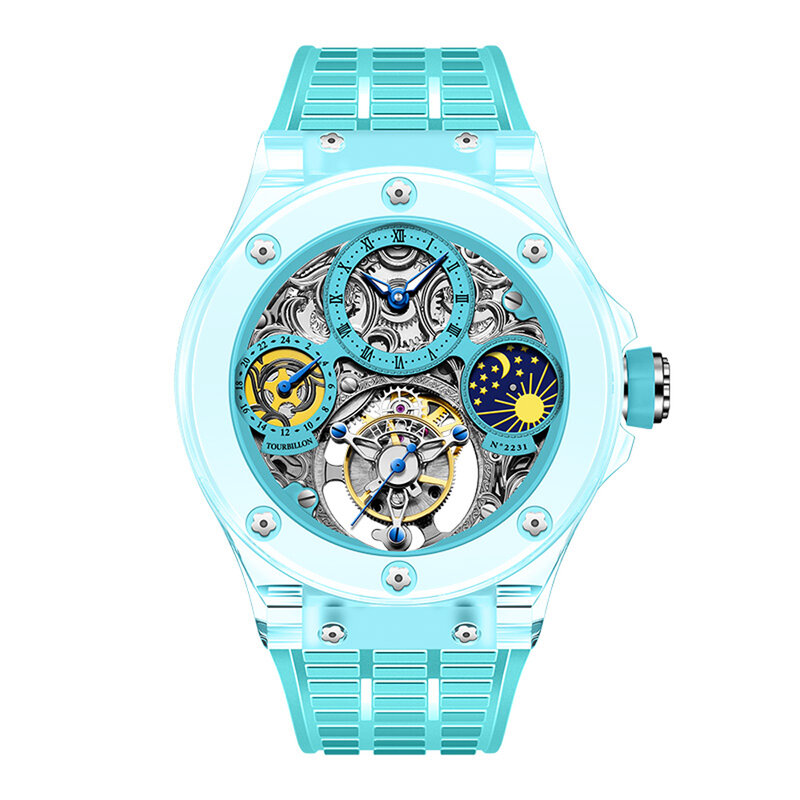 Haofa-Reloj de pulsera mecánico K9 para hombre, cronógrafo de cristal Tourbillon, GMT, fase lunar, zafiro, resistente al agua, Manual, de lujo, 2231