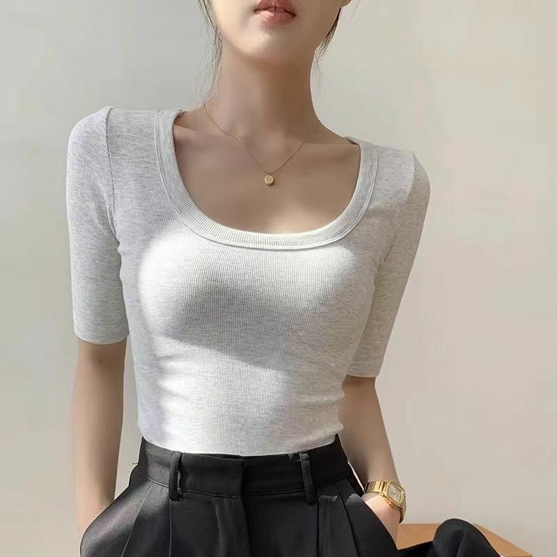 Tight mid-sleeve bottoming shirt U-neck pure cotton waist top