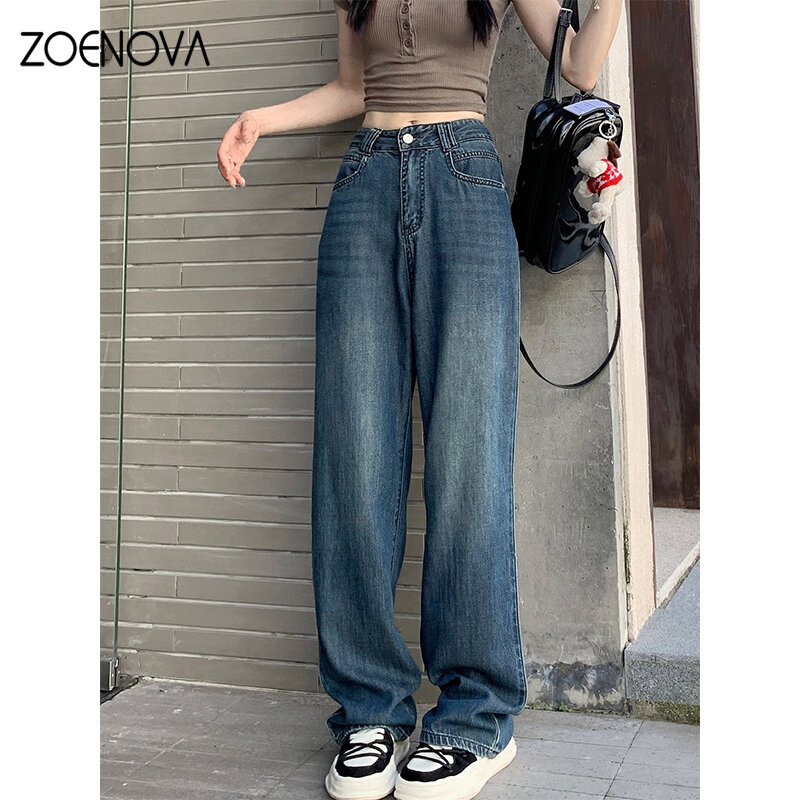Zoenova Maillard กางเกงยีนส์สำหรับผู้หญิง, กางเกงยีนส์ลำลองย้อนยุคทรงหลวมกางเกงขาม้าตรงพื้นฤดูใบไม้ร่วง2024
