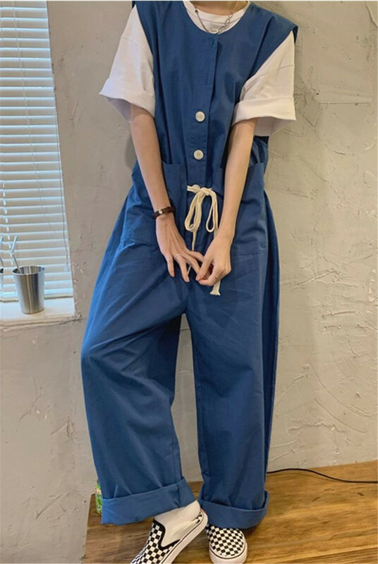 Forest style camisole pants with loose and lazy style, summer thin workwear design sense, niche one piece wide leg pants for wom