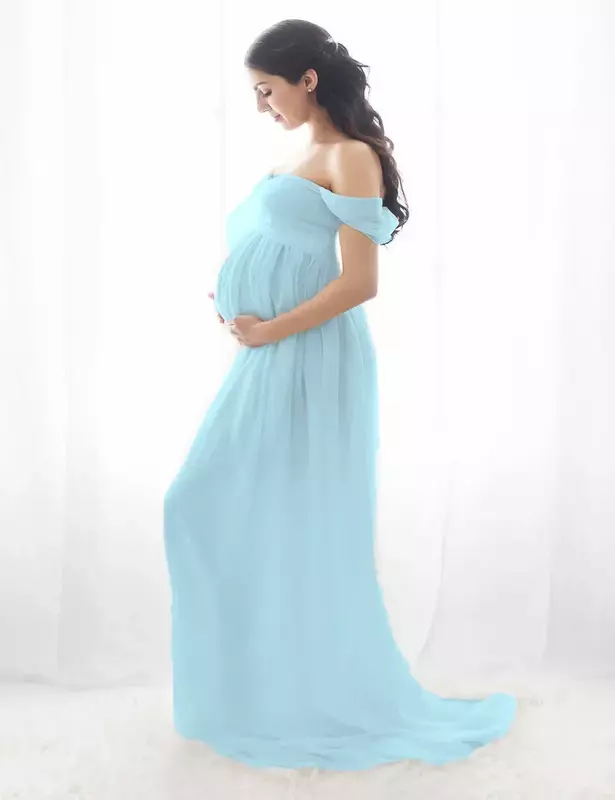 Gaun ibu hamil, hijau untuk pemotretan kain sifon baju hamil Prop fotografi gaun Maxi untuk wanita hamil