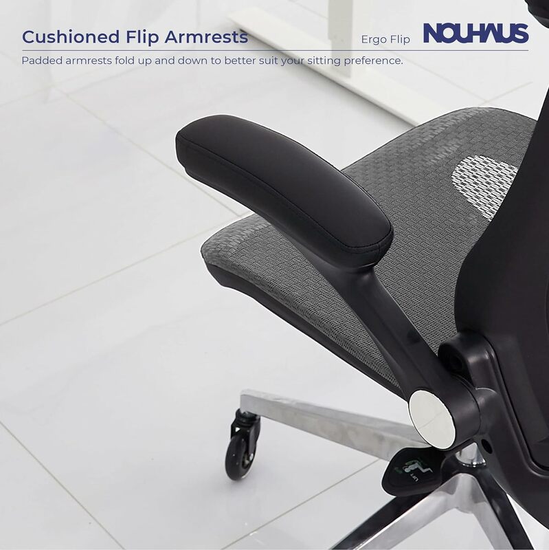 NouKevin ErgoFlip-Chaise de Bureau Roulante Grise avec Accoudoirs Rétractables et Roulettes de Rasoir