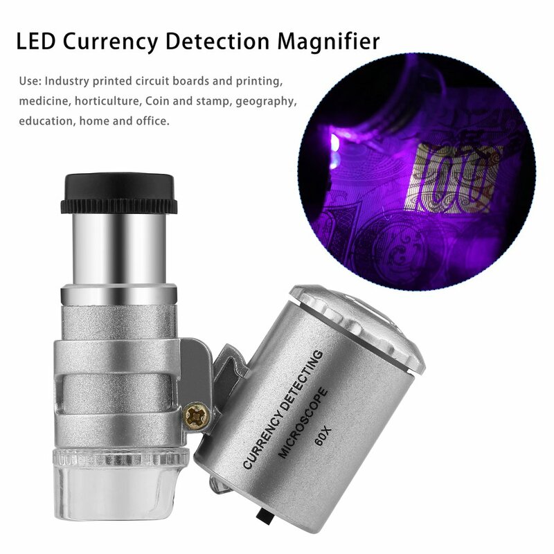 Mini probador de dinero portátil de mano 60X Power, microscopio de detección de moneda, lupa, lupa de vidrio, luz LED, microscopio UV
