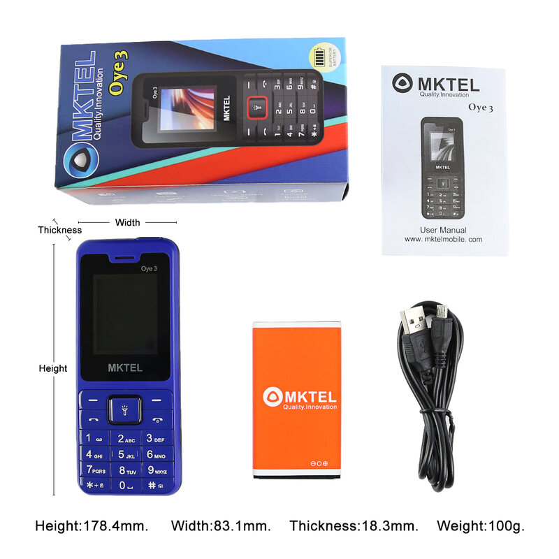 MKTEL OYE 3 Feature Phone 1.77inch Display 1800mAh Dual SIM Dual Standby MP3 MP4 FM Radio with Strong Torch Senior Phone