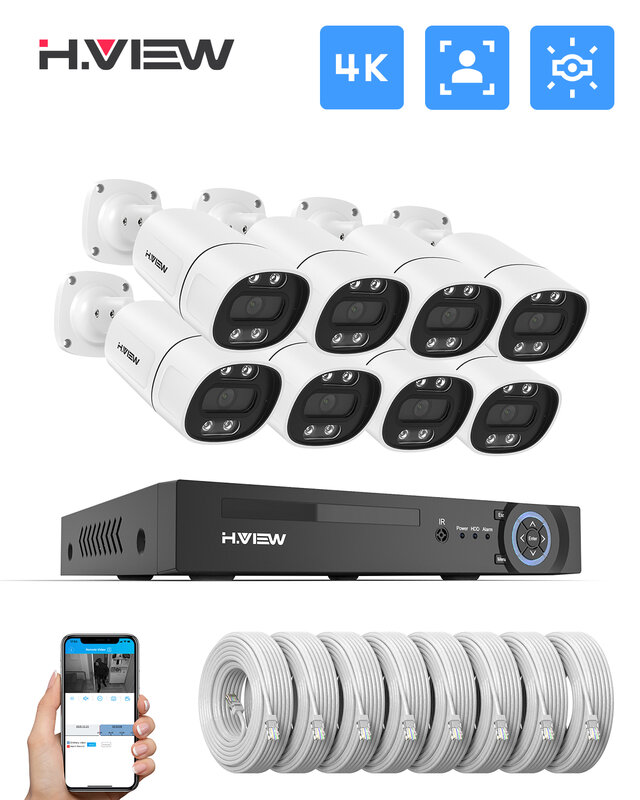 H.View 4K Kit Camaras de Seguridad 8MP PoE Kits de Cámaras Vigilancia, 4/6/8 pcs 5MP PoE Cámara IP Exterior y 8ch 2tb 4tb HDD NVR para Grabación Continua, Impermeable IR Visión Nocturna Acceso Remoto Audio xmeye app