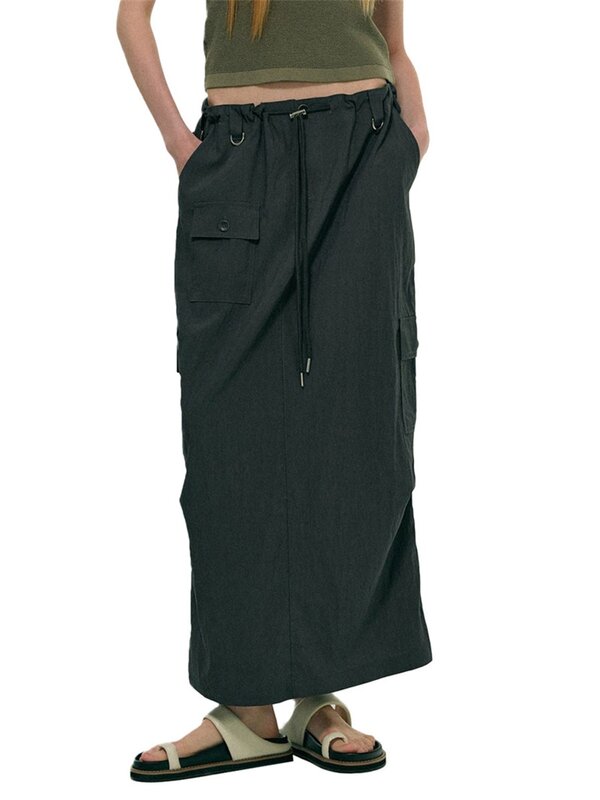 กระโปรงคาร์โก้ทรงหลวมสำหรับผู้หญิงกระโปรงยาวแบบมีกระเป๋าเอวสูงกระโปรงวินเทจมีเชือกรูดสำหรับ Y2K ชุดแนวสตรีทแบบย้อนยุค