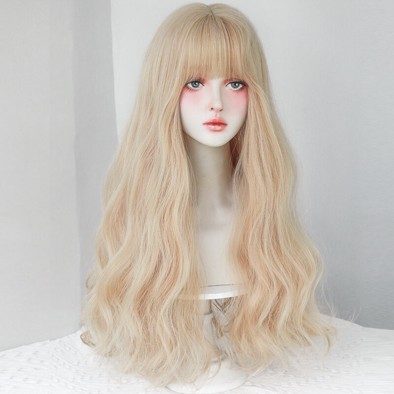 Peruki 7JHH wysokiej gęstości długie peruki blond z gładkimi grzywkami odporne na ciepło syntetyczne falowane włosy peruka dla kobiet Cospaly Lolita peruka