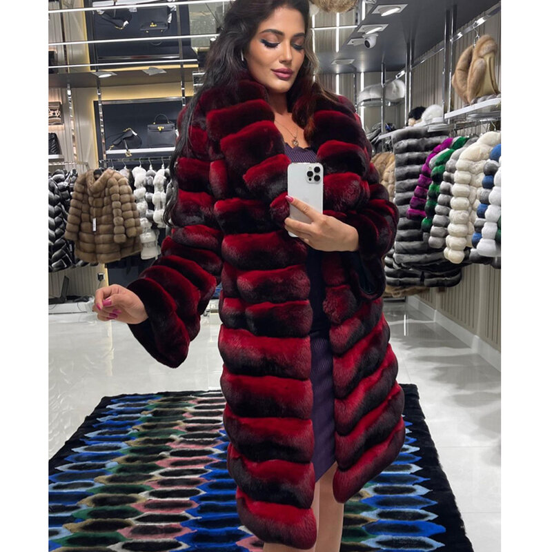 Damskie długi płaszcz zimowy szynszyla luksusowe prawdziwe futro królika Rex płaszcze damskie futro ciepłe bestseller