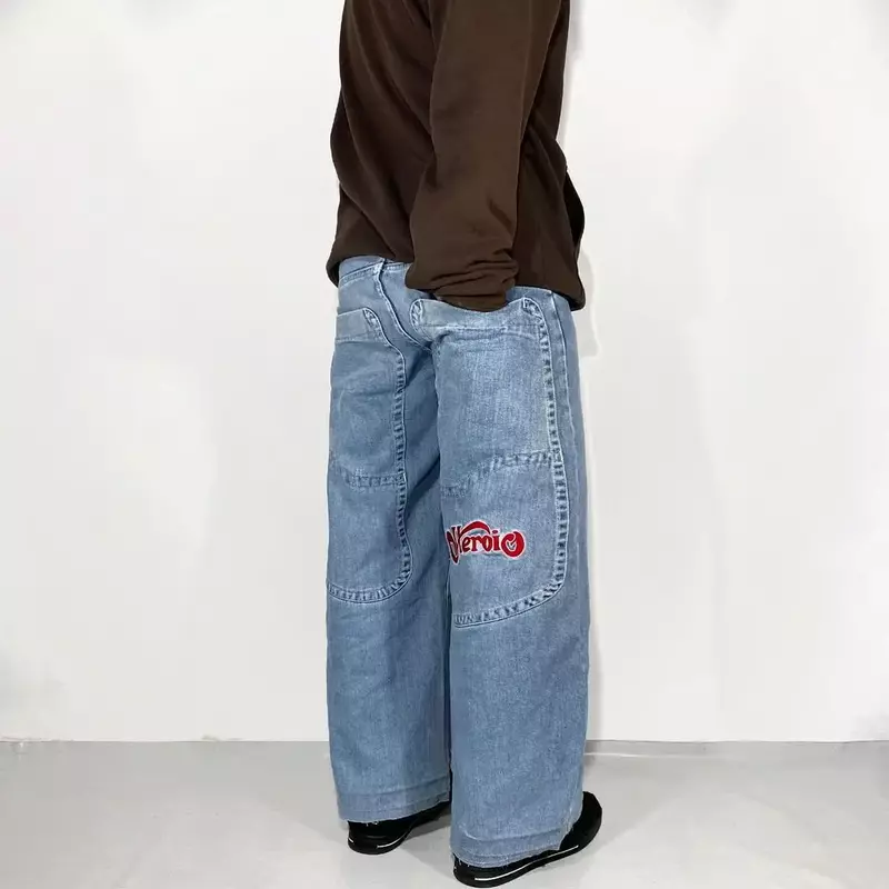 Jeans biru muda bordir gaya JNCO Musim Panas 90's, celana saku ukuran besar pria, celana lantai longgar tren jalanan Harajuku