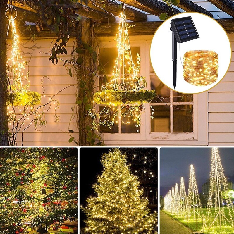 Lampu setrip LED tenaga surya, lampu hias luar ruangan kabel tembaga 8 mode tahan air 5/12/20/32M dekorasi Natal karangan bunga