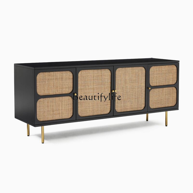 Kabinet TV Nordic, kayu Solid gaya krim papan samping rotan putih kabinet TV