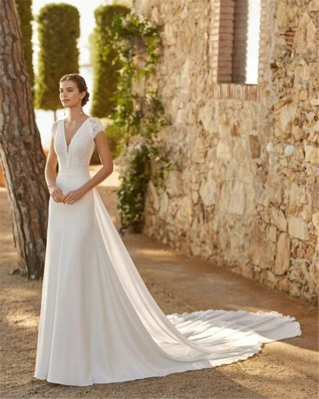 Luxo profundo decote em v drapeado bola vestido de casamento crescido clássico vestido de noiva sem costas com arco vestido de noiva