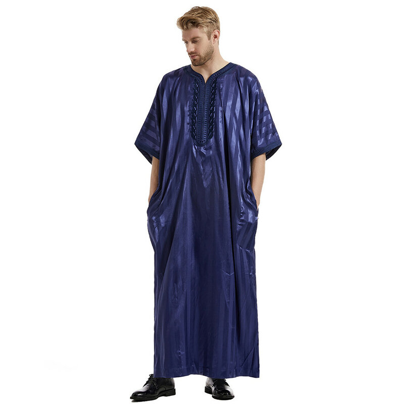 Gaun Muslim Ramadhan Abaya Dubai Kasual Kaftan Satin Jubah Garis-garis Islam Kostum Lengan Pendek Jubba Thobe untuk Pria Timur Tengah