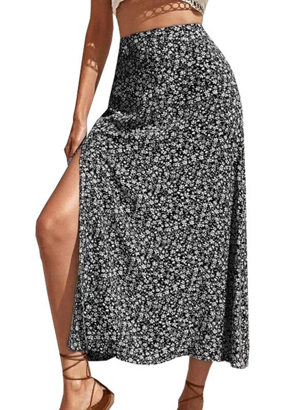 Юбка женская трапециевидная средней длины, Офисная облегающая длинная юбка из эластичного полиэстера с высоким разрезом и принтом в винтажном стиле, на лето