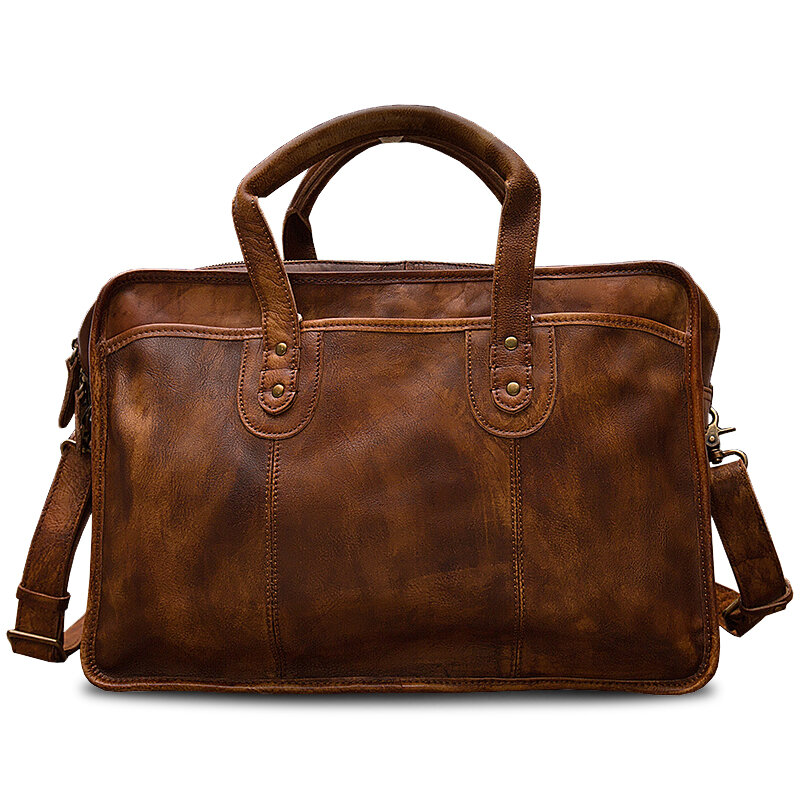 Handmade Vintage Genuine Leather Briefcase Business Bag Large Capacity Travel Outdoor Totes Cowhide Leather Laptop Shoulder Bag