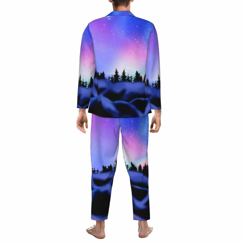 Ensemble de pyjama imprimé ciel nordique pour hommes, manches longues, lumières de rêve, décontracté, mignon, personnalisé, maison trempée, nuit, automne