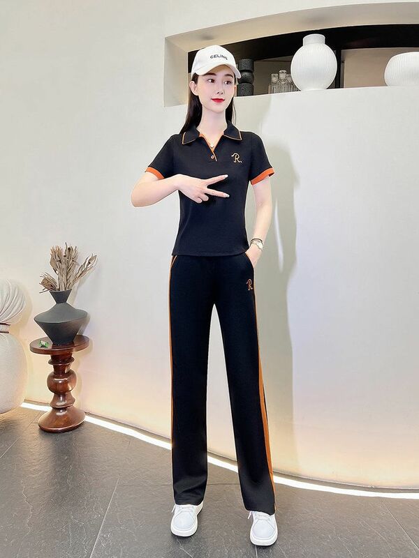 2024 wiosna/lato nowa moda damska komplet krótki rękaw spodnie z szeroką nogawką Casual dwuczęściowy zestaw elegancja