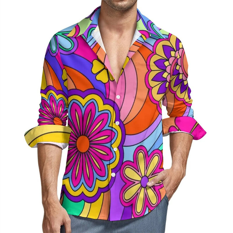 قمصان رجالية ملونة طويلة الأكمام بالزهور ، بلوزات برسومات زهور عرقية ، قمم ملابس عتيقة ، طباعة ثلاثية الأبعاد ، موضة الربيع ، جديد ، Y2K