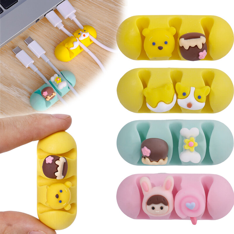 4/1Pcs Cartoon Adhesive Cable Organizer Clips Silicone Cable Winder 3 Holes Desktop Earphone Wire Holder For Home Office Use