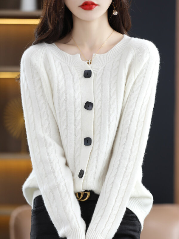 New Women Wool Sweater Long Sleeve O-Neck Cardigan 100% Merino Wool Autumn Winter Warm Twist Flower Knitwear Korean Fashion Tops