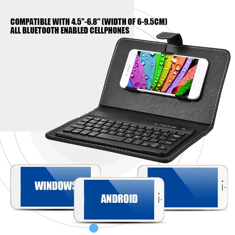 Keyboard nirkabel Mini Bluetooth dengan casing kulit PU untuk Tablet pintar 4.5 inci-6.8 inci isi ulang tahan lama Hitam