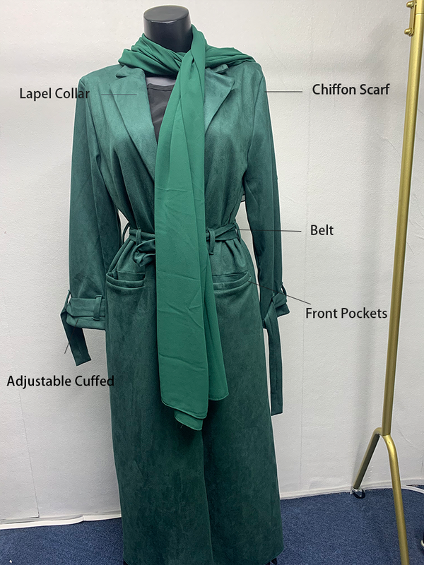 Abaya Coat for Women 2 Piece Open Cardigan Muslim Turkey Set with Lapel Collar Kimono Hijab Suede Abaya Outerwear