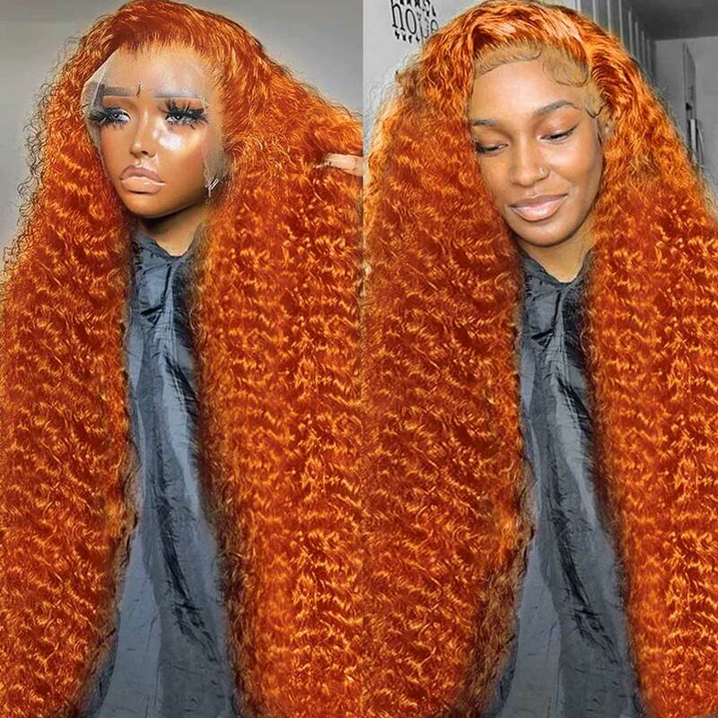 Peluca Frontal de encaje naranja jengibre, cabello humano rizado, onda profunda, 13x4, 13x6, HD, brasileño