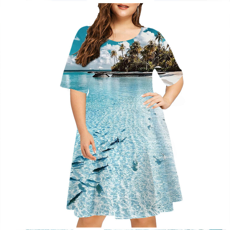 Frauen natürliche Landschaft Strand Stil Sommerkleider für neue Mode Kurzarm plus Größe lockeres Kleid lässig Party Mini kleid