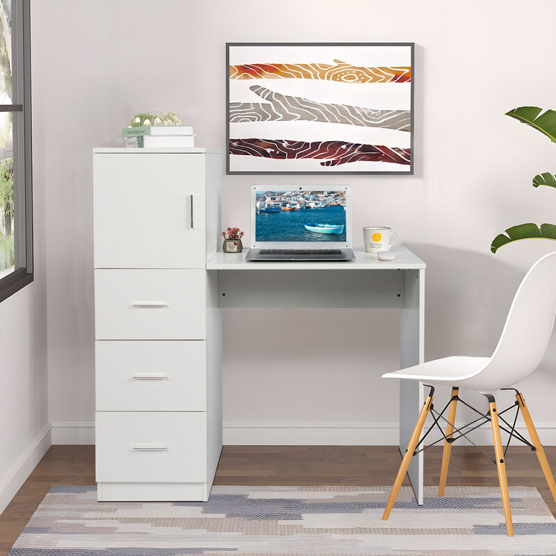 Mesa de escritura para ordenador, escritorio de oficina en casa con archivador y 3 cajones, color blanco