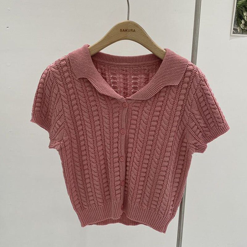 Turn Down Collar Short Sleeve Cardigan Knit T Shirt Women Summer Casual Soft Knitwear Tees Tops Female Solid Women T Shirt