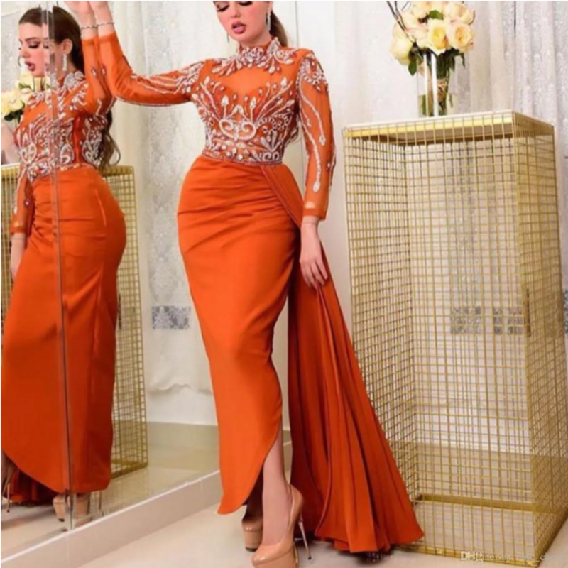Aso Ebi Arabische Oranje Sexy Avondjurken Kralen Kristallen Backless Prom Dresses Hoge Hals Formele Partij Tweede Receptie Jurken