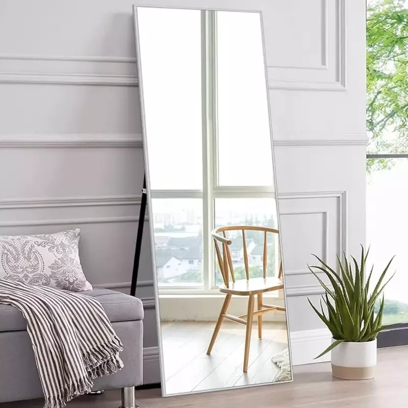 Lustro sięgające od podłogi do sufitu ze stojakiem duże prostokątne lustro w sypialni, srebrne