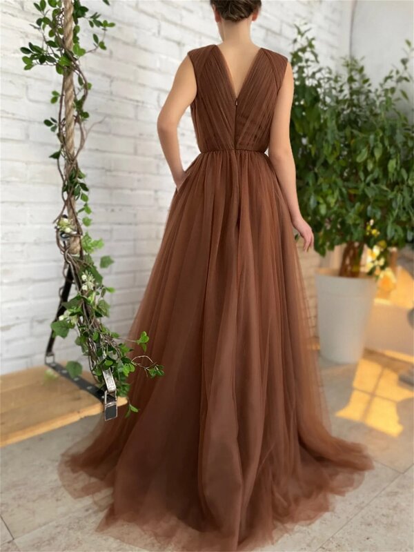 Lorrtta Simple Tulle Long Prom Dresses V Neck Sleeveless Floor Length Evening Gowns With  Sash Formal Occasion Dress